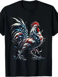 Casual Men's Short Sleeve T Shirt Retro Funny Chicken Pattern 4th of July Theme With Rooster & Hen Design Soft Comfortable Outfit For Daily Gathering BBQ Party Ideal Present Size S-3XL