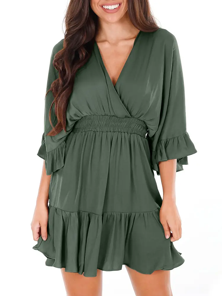 Women's Classy Ribbed Knit Pull-On Long Sleeve Deep V-Neck Casual Loose Fit Sweater Dress - Daily, Evening Wear, Ready To Wear