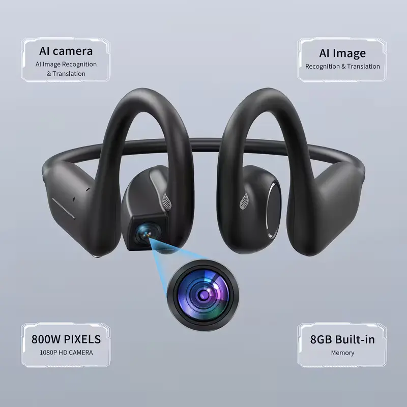 Bone Conduction Headphones with Camera, 8MP EIS Stabilized 1080p POV Video, Real-Time AI Translation, Open-Ear Bluetooth Earbuds with 8GB Storage and WiFi Transfer, Touch and Button Control, for Cycling, Running, Travel, Vlogging and Calls