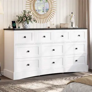 Sikaic  55.2 inch Wide 10 Drawers Dresser with Charging Station Large Farmhouse Chest of Drawers with 6 Large & 4 Small Drawers, Built-in Power Outlets, for Bedroom, Closet, Living Room summergarden