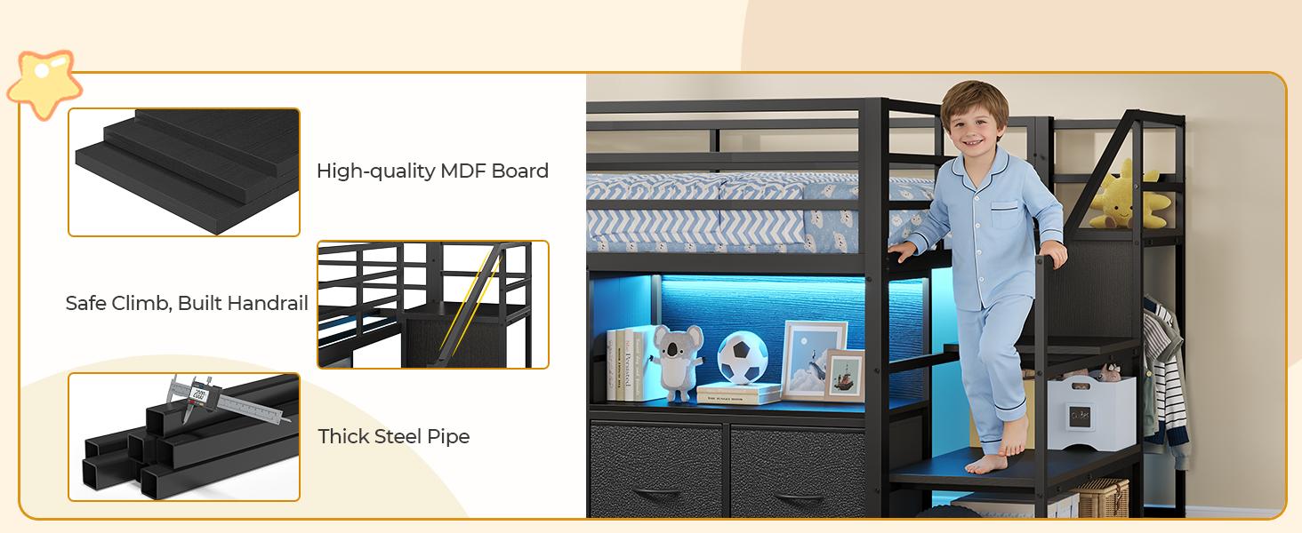 Sikaic Twin Low Loft Bed with Stairs, 7 Storage Drawers, Bookcase & LED Lights, Metal Loft Bed with 14" High Safety Guardrail, Inclined Ladder and Play Curtain, Under-Bed Play Space, Black, Home Furniture, Dorm Essentials [tiktokshopbacktoschool]