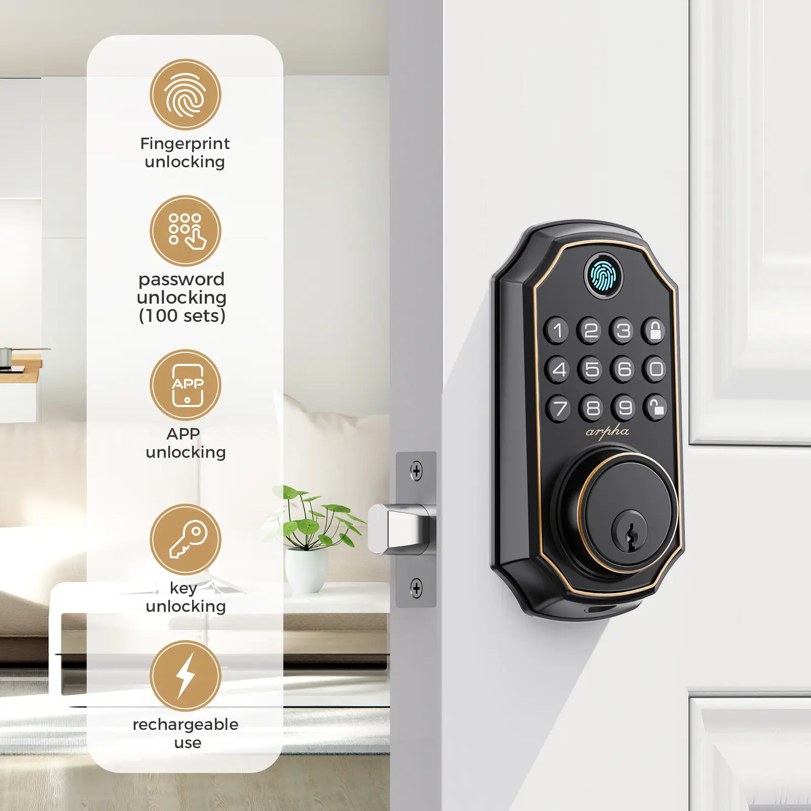 ARPHA D280 Keyless Entry Door Lock, Smart Fingerprint Door Lock, Keypad Deadbolt with APP Control, One Touch Lock/Unlock, Auto-Lock, One Time Code, Zi