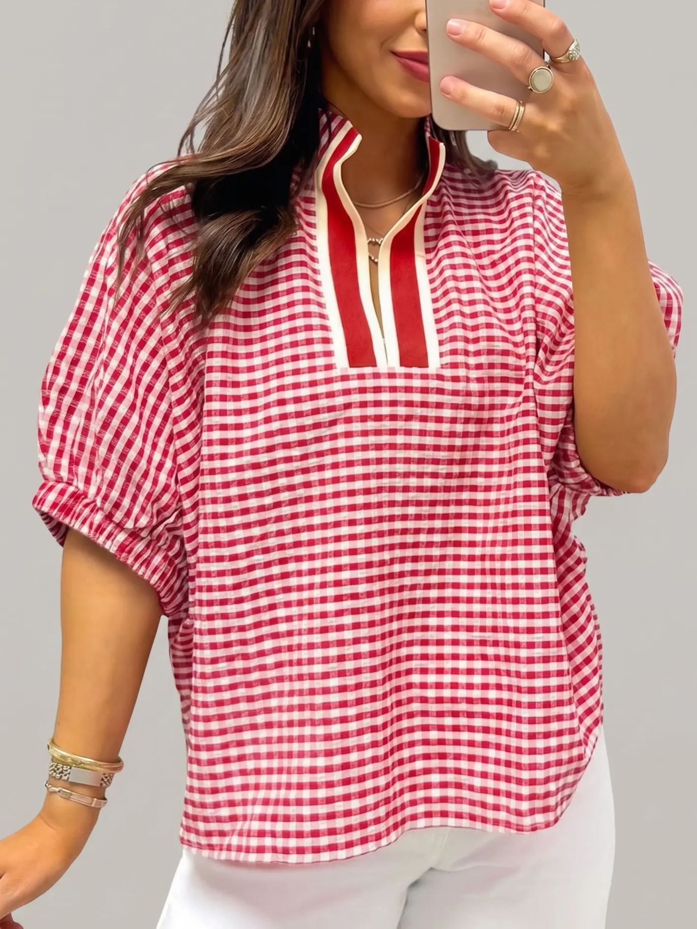 Women's Gingham Blouse, Short Sleeve Summer Top with Colorblock Split Neck, Casual Relaxed Fit in a Breathable Viscose Blend, Shortsleeve