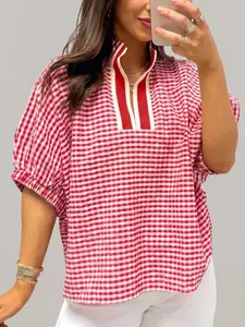 Women's Plaid Short Sleeve Colorblock Trim Split Neck Blouse, Women’s Red Gingham Shirt with Contrast Collar, Casual Relaxed Fit Summer Tops, Breathable Soft Viscose Blend Shirts for Weekend Outings and Daily Chic Looks outdoorfun