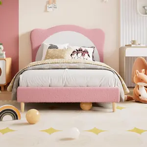 Teddy Fleece Kids Bed Frame, Cute Cloud Headboard Toddler Bed with Round Wood Legs, No Box Spring Needed, Twin Size Upholstered Bed