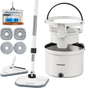 HOMETTLER   Spin Mop and Bucket Set, Self-Wringing Square Mop with Detachable Inner Bucket, Separate Dirty-Clean Water System, 6 Microfiber Pads for Floor Cleaning Stainless Steel Rubber Traditional Rubber Traditional