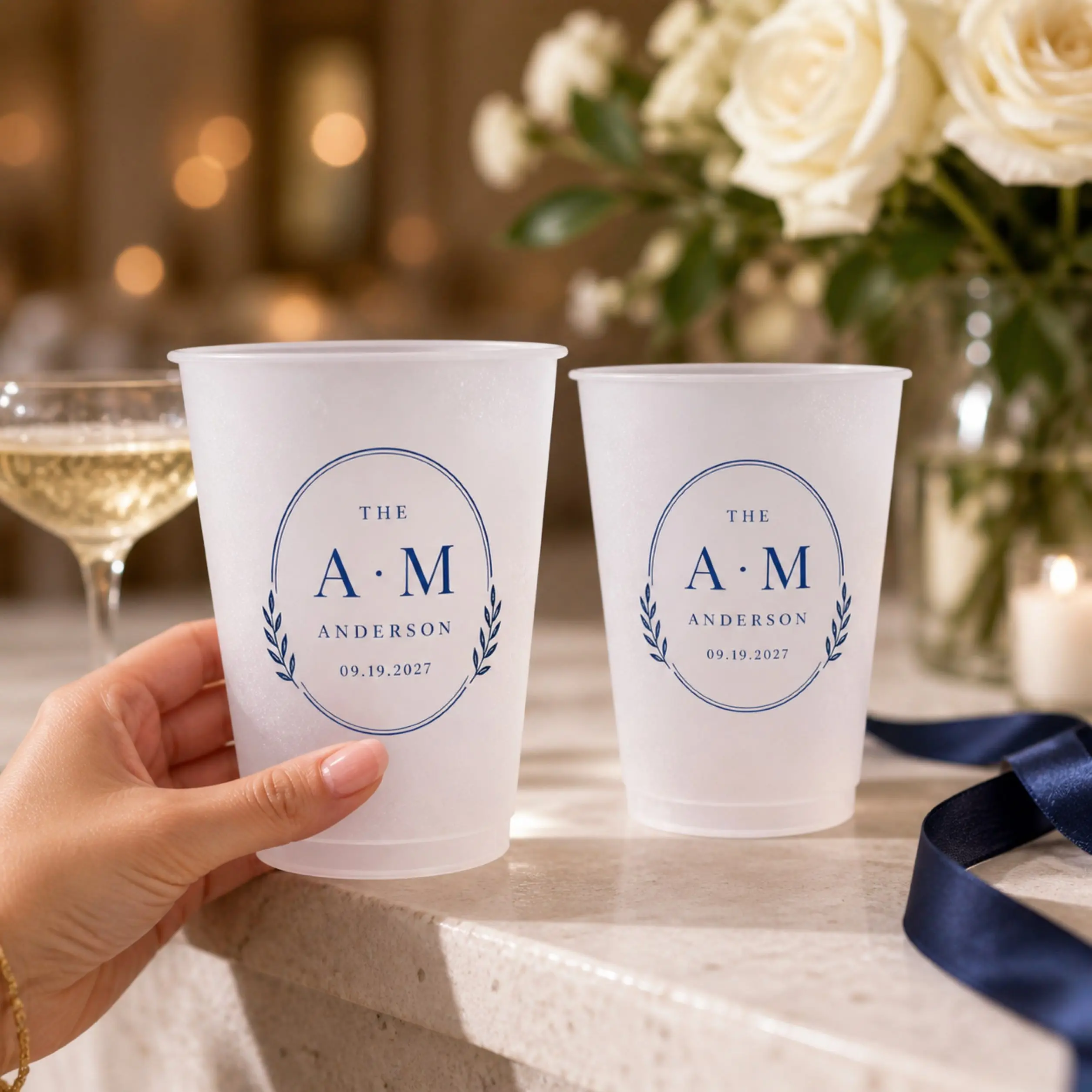 Made-to-Order Personalized Oval Monogram Cups for an Elegant Wedding Reception