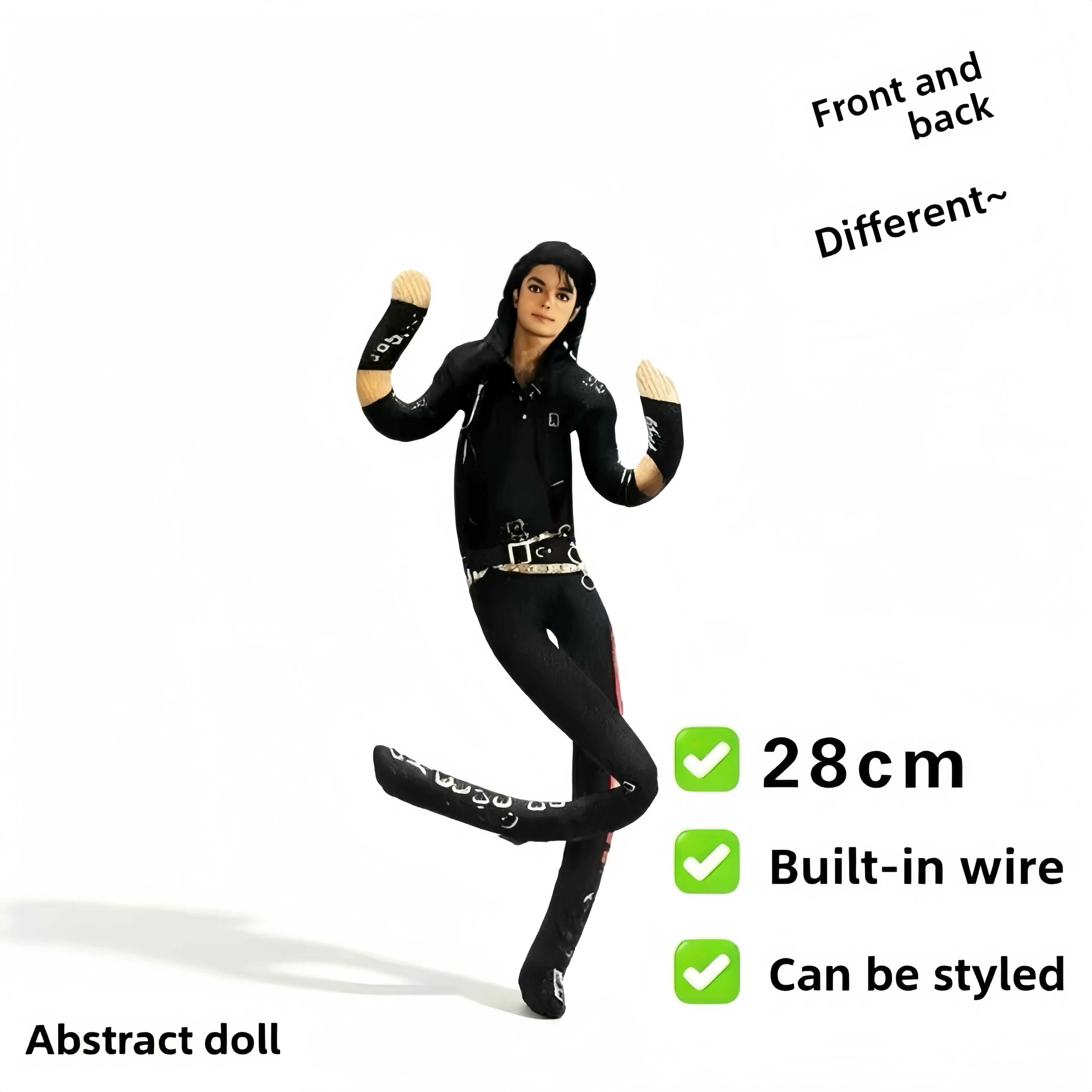 28cm Abstract Bendable Michael Jackson Plush Doll, Wire Iron Skeleton Poseable Figure, Soft Double-Sided Print Stuffed Toy, Collectible Gift for Music Fans Home Decoration