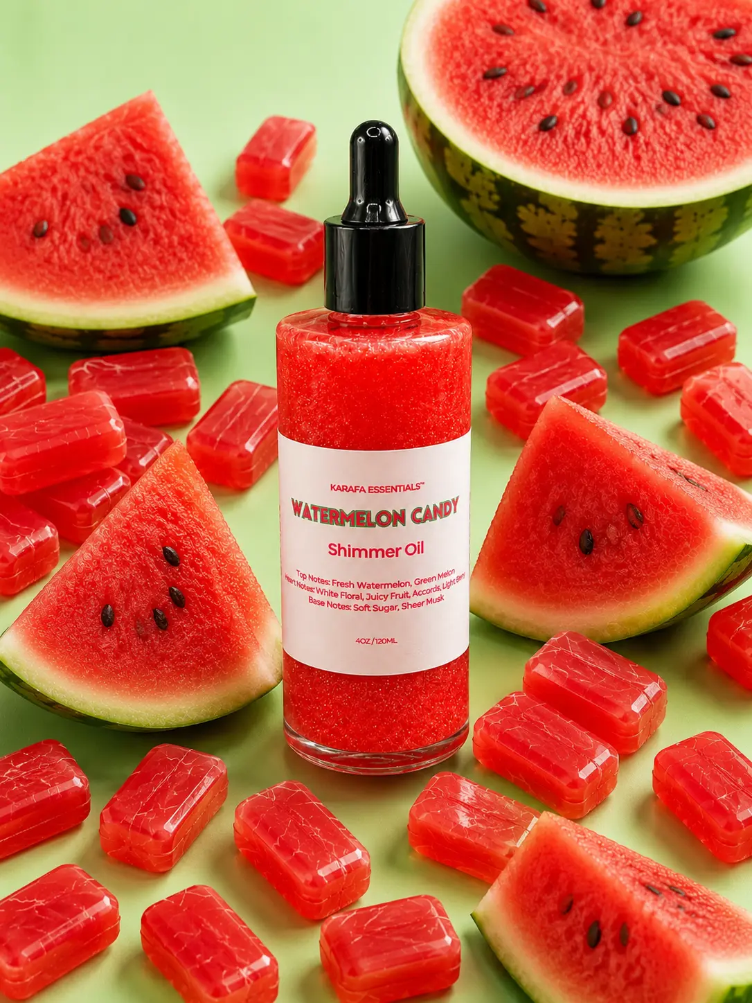 Watermelon Candy Moisturizing Body Oil Fresh Watermelon, Green Melon, White Floral, Juicy Fruit Accords, Light Berry, Soft Sugar, Sheer Musk by Karafa Essentials