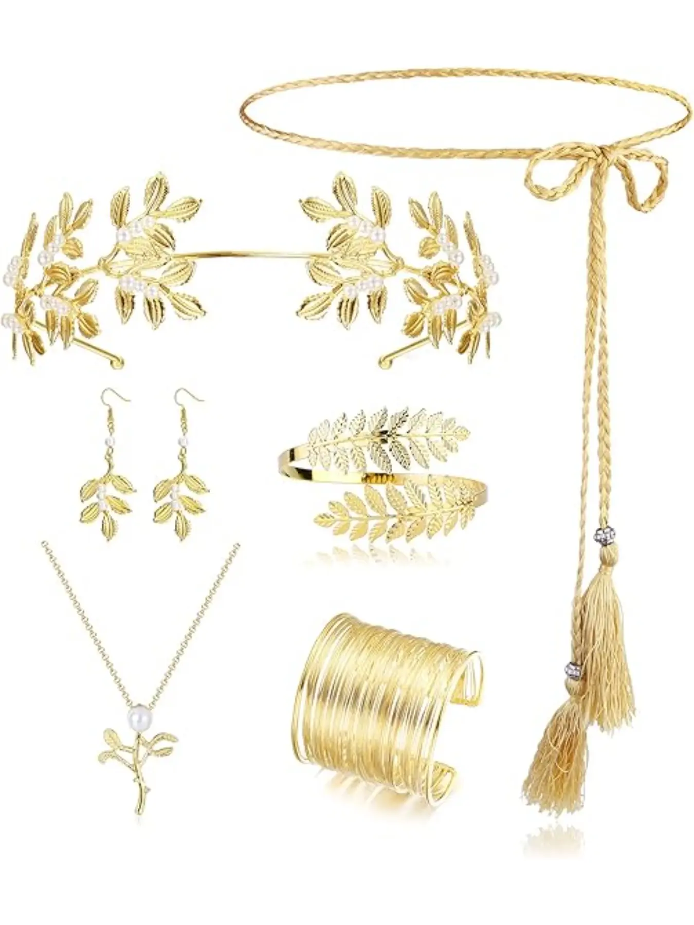 7Pieces Greek Goddess Costume Accessories Set for Women Roman Laurel Leaf Crown Headbands Hair Bracelet Coil Pearl Drop Earrings Bride Headdress Bridal Accessory Party Robe Cosplay Jewelry Fashionable Jewelry Set