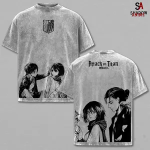 Eren Yeager x Mikasa Ackerman Tee Washed – Attack on Titan Washed Anime Manga T-Shirt, Vintage Washed Fate-Bound Duo Graphic Tee, Unisex Oversized Streetwear Shirt, Tragic War Bond Anime T-Shirt, Heavyweight Relaxed Oversize AOT Top, Gift For AOT Fans