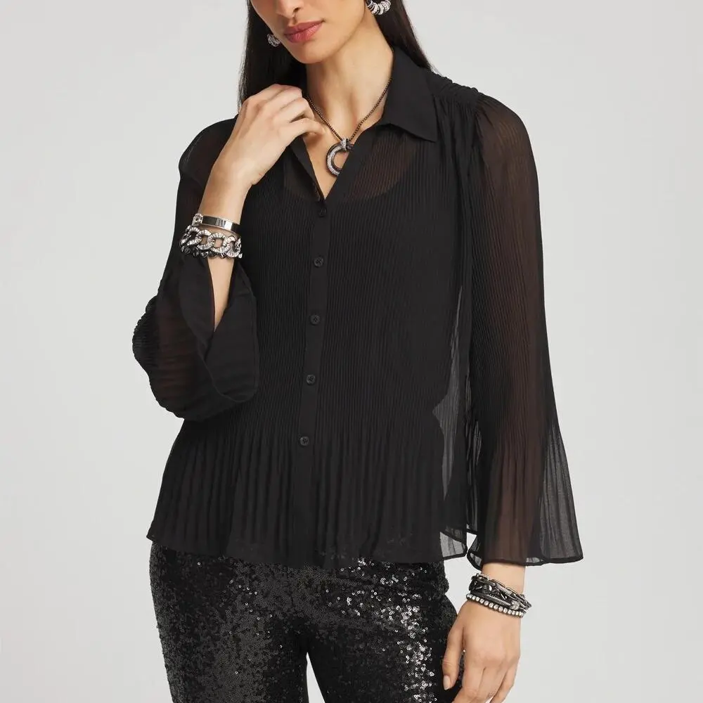 Arssm Women Sheer Button Up Blouse Long Sleeve Mesh Pleated Blouse Tops See Through Shirts