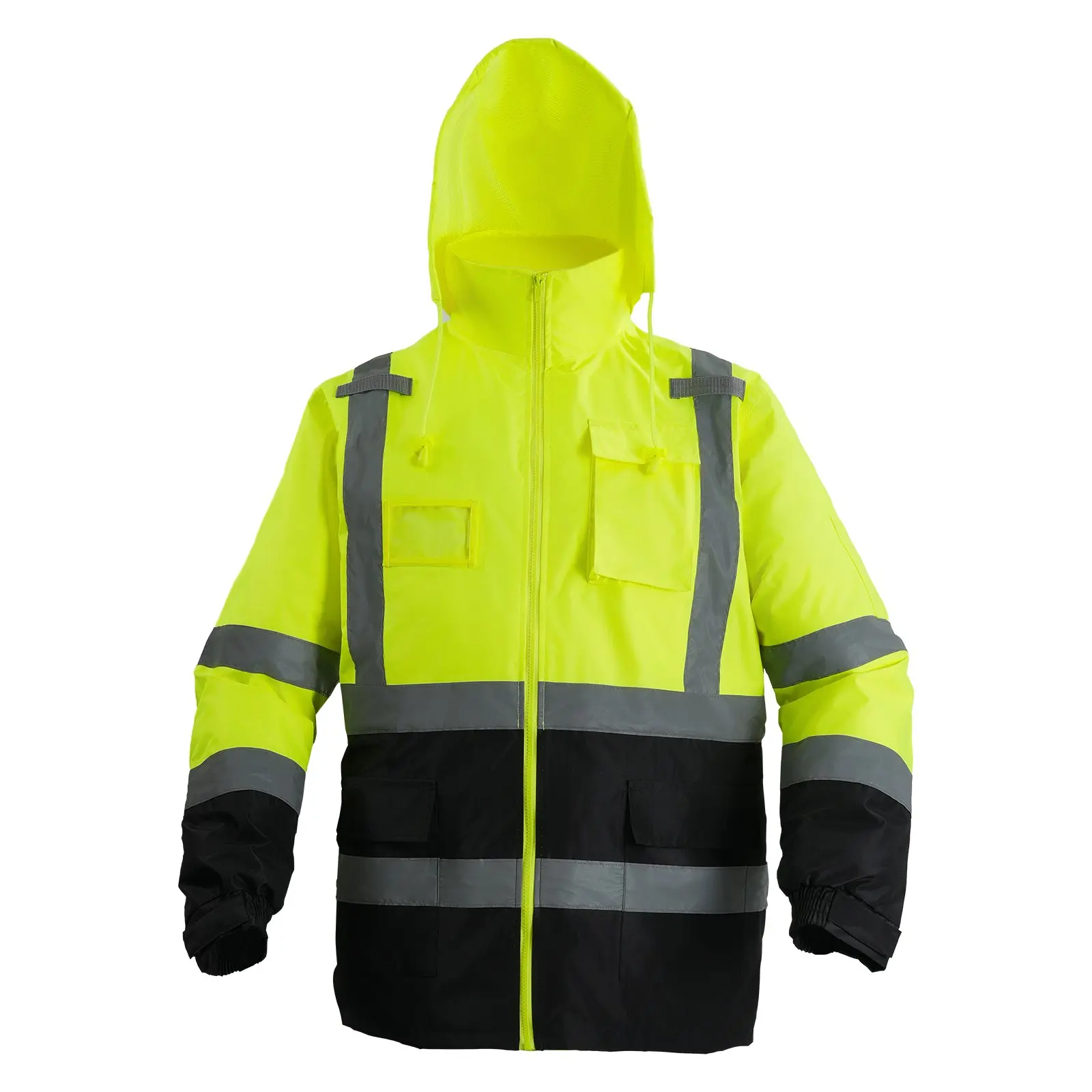 High Visibility Reflective Safety Jacket - Waterproof Windproof Hoodie (Yellow/Black) - ANSI Class 3 Certified for Construction, Road Work & Cycling - Breathable Rain-Resistant Workwear"