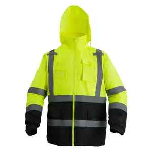 High Visibility Reflective Safety Jacket - Waterproof Windproof Hoodie (Yellow/Black) - ANSI Class 3 Certified for Construction, Road Work & Cycling - Breathable Rain-Resistant Workwear"