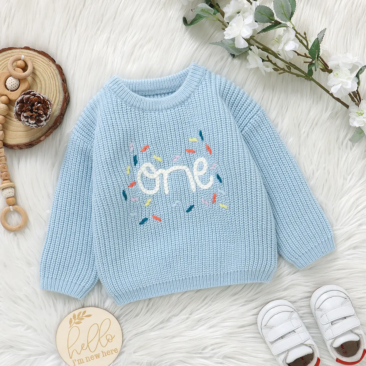 MIMIXIONG Personalized Knit Cardigan for Newborns & Infants, Soft Sweater Outfit with "1" Embroidery & Confetti Print, Soft Knits, Everyday Wear, Crew Neck, Charming Letter, 0 - 3 Months, Clearance Offer, One Embroidery