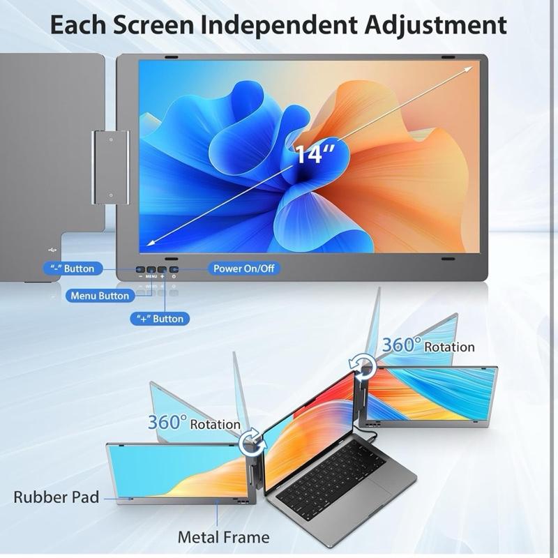 Triple Portable Monitor for Laptop - 14'' FHD 1080P USB-C, HDR IPS Display, Dual Monitor for Mac, Windows, and Android Devices
