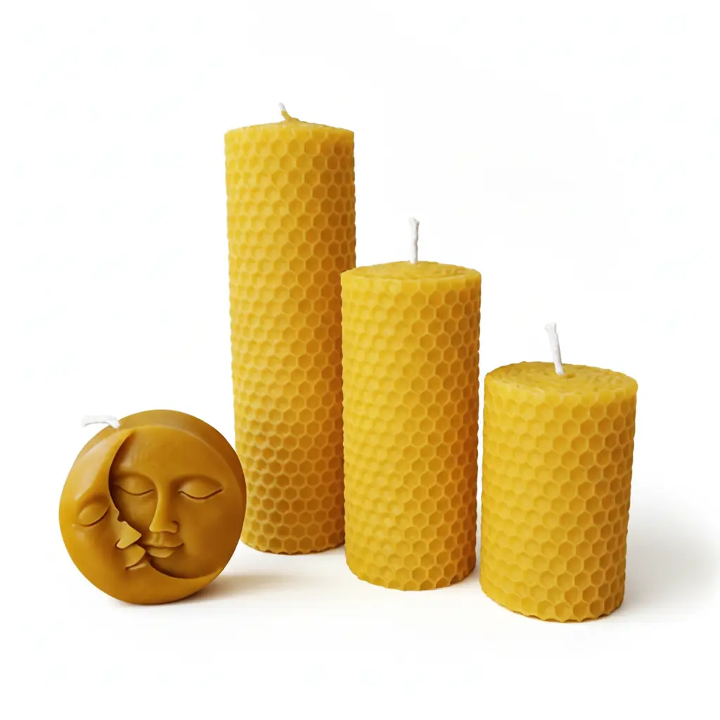 4pcs assorted size honeycomb beeswax candle gift set 3 mixed pillar + moon face shape mild honey smokeless long burn ambient lighting home decor souvenir gift for halloween christmas valentine