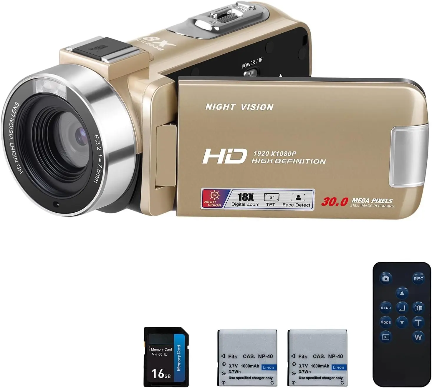 Video Camera Camcorder 1080P 30FPS Digital Camera, IR Night Vision Vlogging  Video Camera for Beginners YouTube, 3.0'' IPS Screen 18X Zoom Camcorder with 16G Card, Remote Control, 2