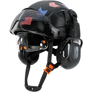 Black Hard Hat with Double Visor and Earmuffs - Vented Construction Safety Helmet with 6-Point Suspension Chin Strap, Adjustable 21-25 inches for Men Worker Head Eye Hearing Protection