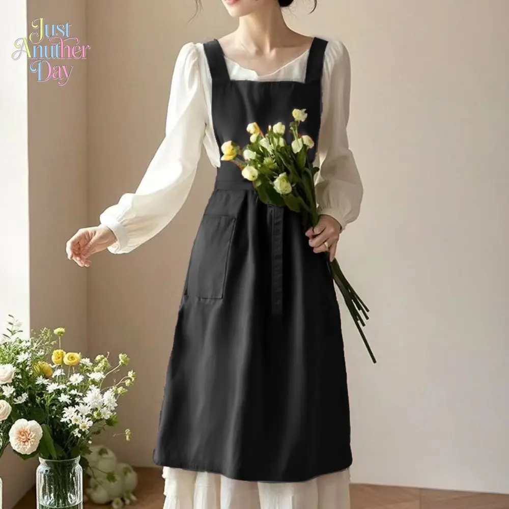 Water Resistant Long Apron for Women, Full-Length Black Apron with Pockets, Anti-Stain Workwear for Kitchen, Coffee Shops, Florists & Nail Salons