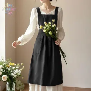 Water Resistant Long Apron for Women, Full-Length Black Apron with Pockets, Anti-Stain Workwear for Kitchen, Coffee Shops, Florists & Nail Salons