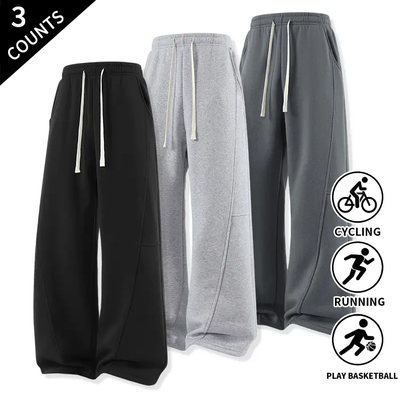 3-Pack Men's Straight-Leg Sweatpants, Drawstring Loose Casual Pants with Pockets for Running, Basketball, and Everyday Wear