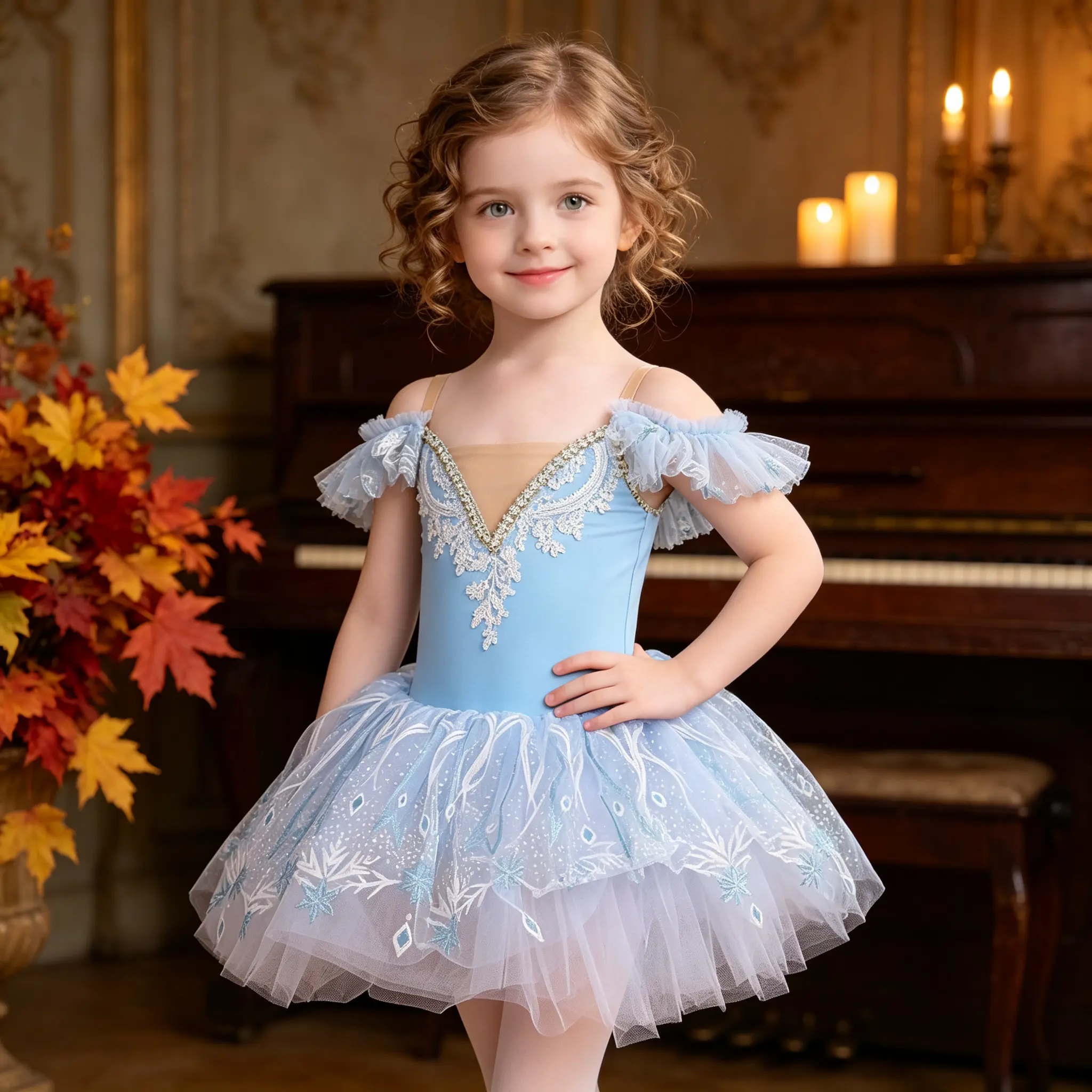 Girls' Off-Shoulder Lace Snowflake Embroidery Ballet Tutu Dress, Kids' Dance Costume for Stage Performances, Ballet Classes, Birthday Parties