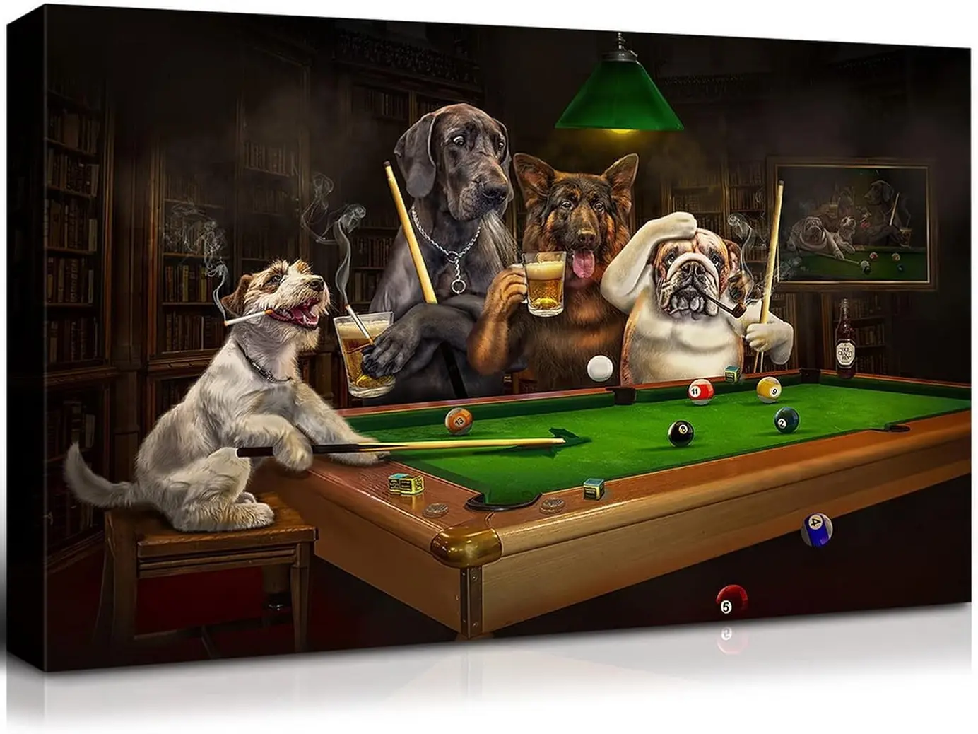 Wall Canvas Painting of Dogs Playing Billiards by C. M. Coolidge Wall Art Decor Painting Prints Picture Framed Stretched Printed on Canvas for Home Living Room Bedroom Office 20 X 30 Inches