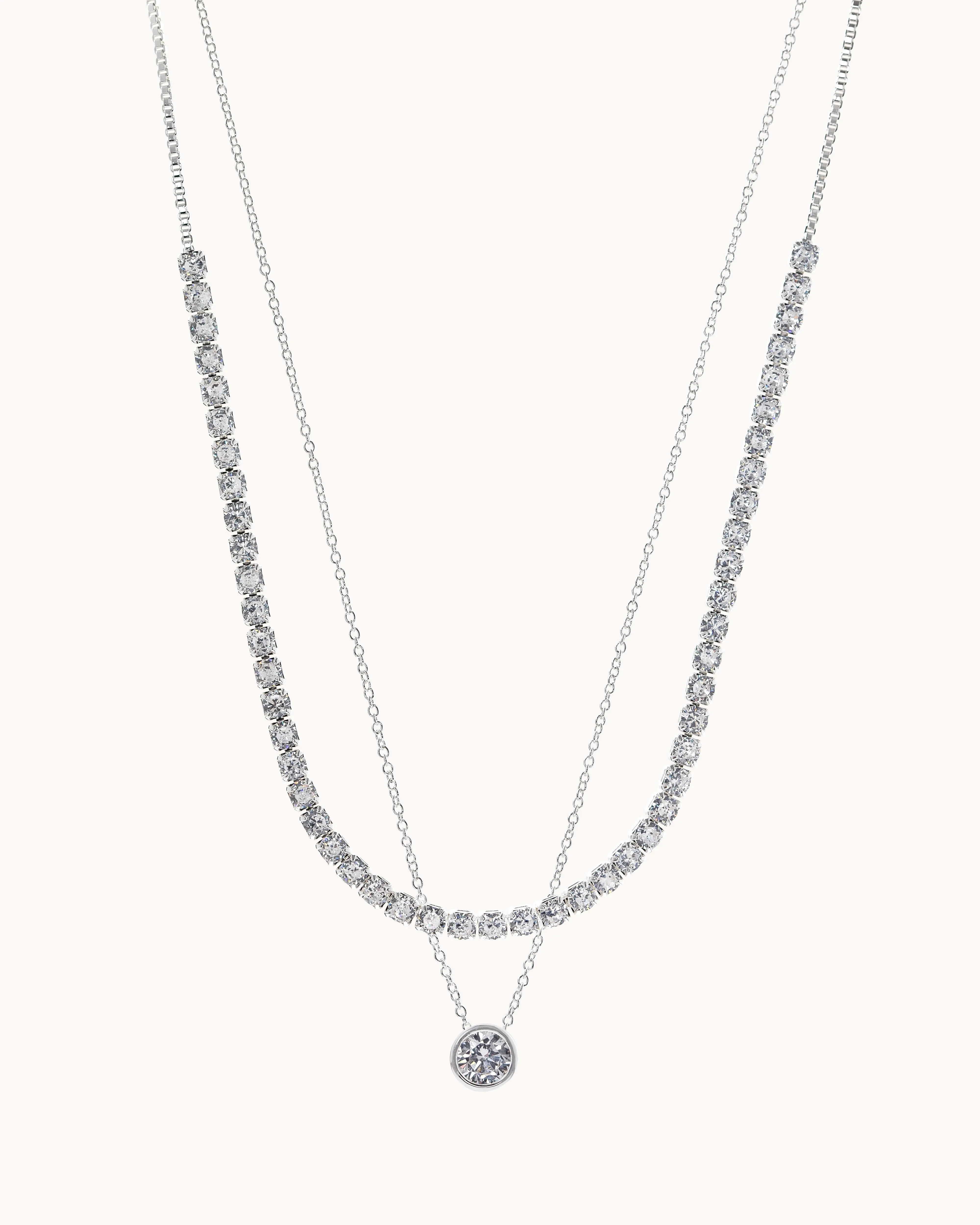 Layered Tennis & Bezel Solitaire Necklace