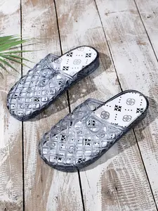 Summer Sparkle Crystal Sandals Women Hollow Breathable Half-Enclosed Slippers Fashion Jelly Shoes Transparent Grid Slip-On Home Outdoor