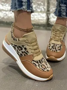 Women's Fashion Leopard Print Lace Up Sports Hiking Sneakers, Casual Comfortable Sports Hiking Shoes for Daily Wear, Female All-match Round Toe Shoes for Daily Wear, Hiking Style Shoes, Casual Hiking Footwear, Walking Hiking Shoes