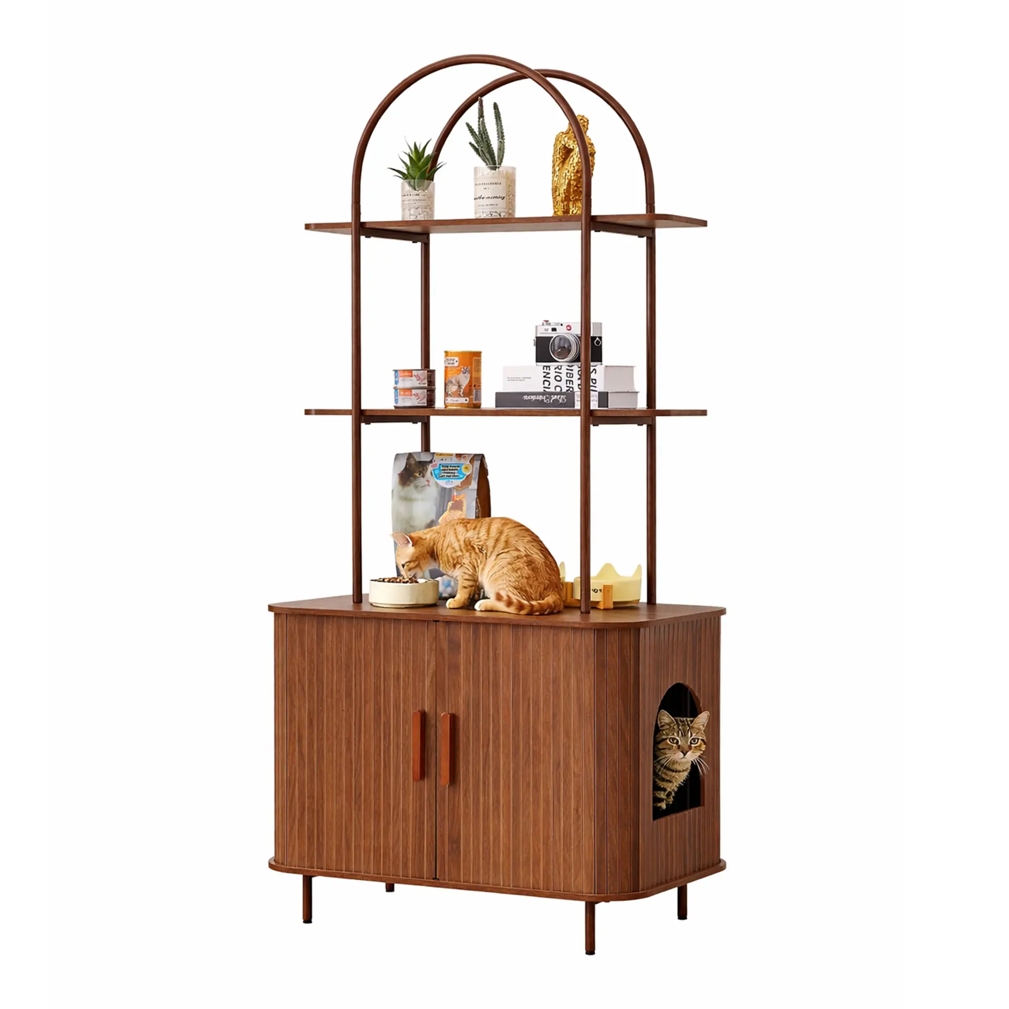 Giratree Cat Litter Box Enclosure Furniture with 2-Tier Storage Shelves, Large Fluted Hidden Litter Box Cabinet with Sliding Door, Curved Indoor Cat House Kitty Litter Box