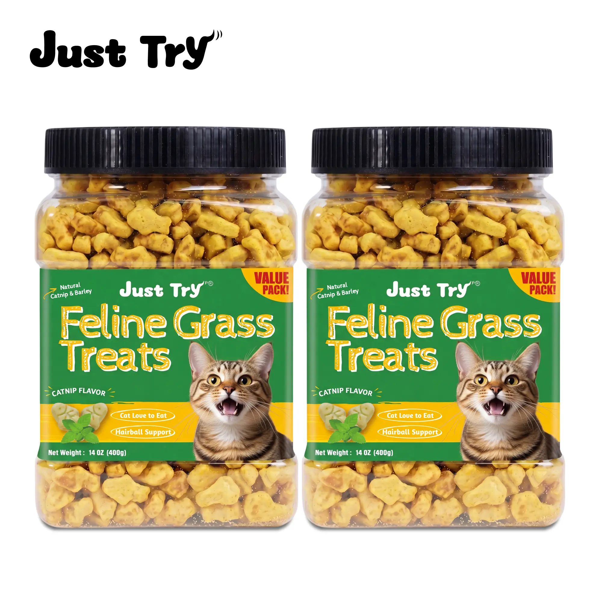 JUST TRY Feline Grass Treats Salmon Flavor Dental Care Healthy Cat Grass Treats, Hairball Control, Training Cat Treats 14.1 OZ
