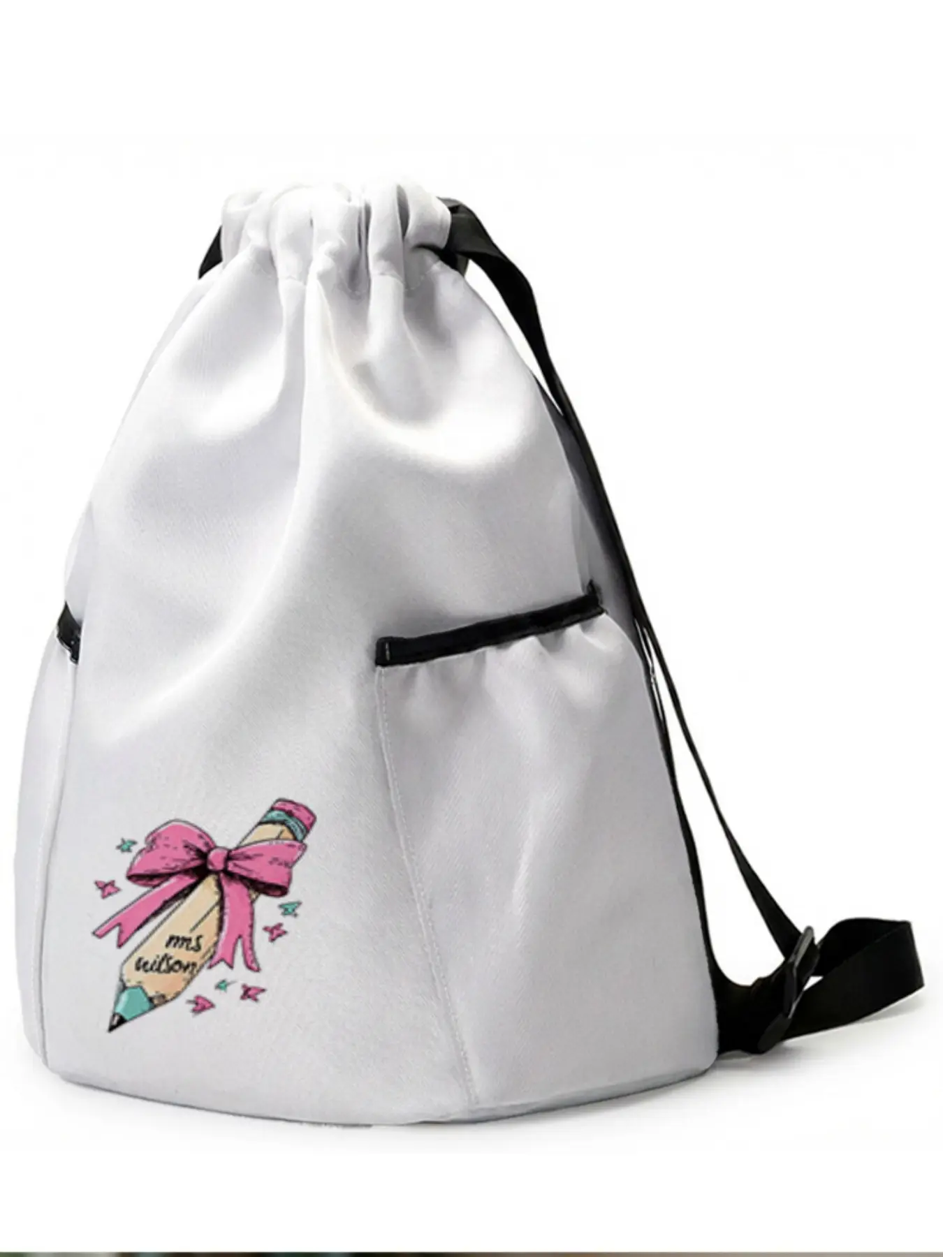 1 piece of 'MsWilson' 2D printed drawstring backpack with bow tie pencil pattern - large capacity durable fitness bag, with adjustable shoulder straps, suitable for both men and women, essential for travel, hiking, and camping