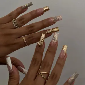Terra Nails - Luxury Golden Hour Press On Set with 3D Sun Goddess Motif, Ideal for Bridal Looks or Elegant Events – TN90