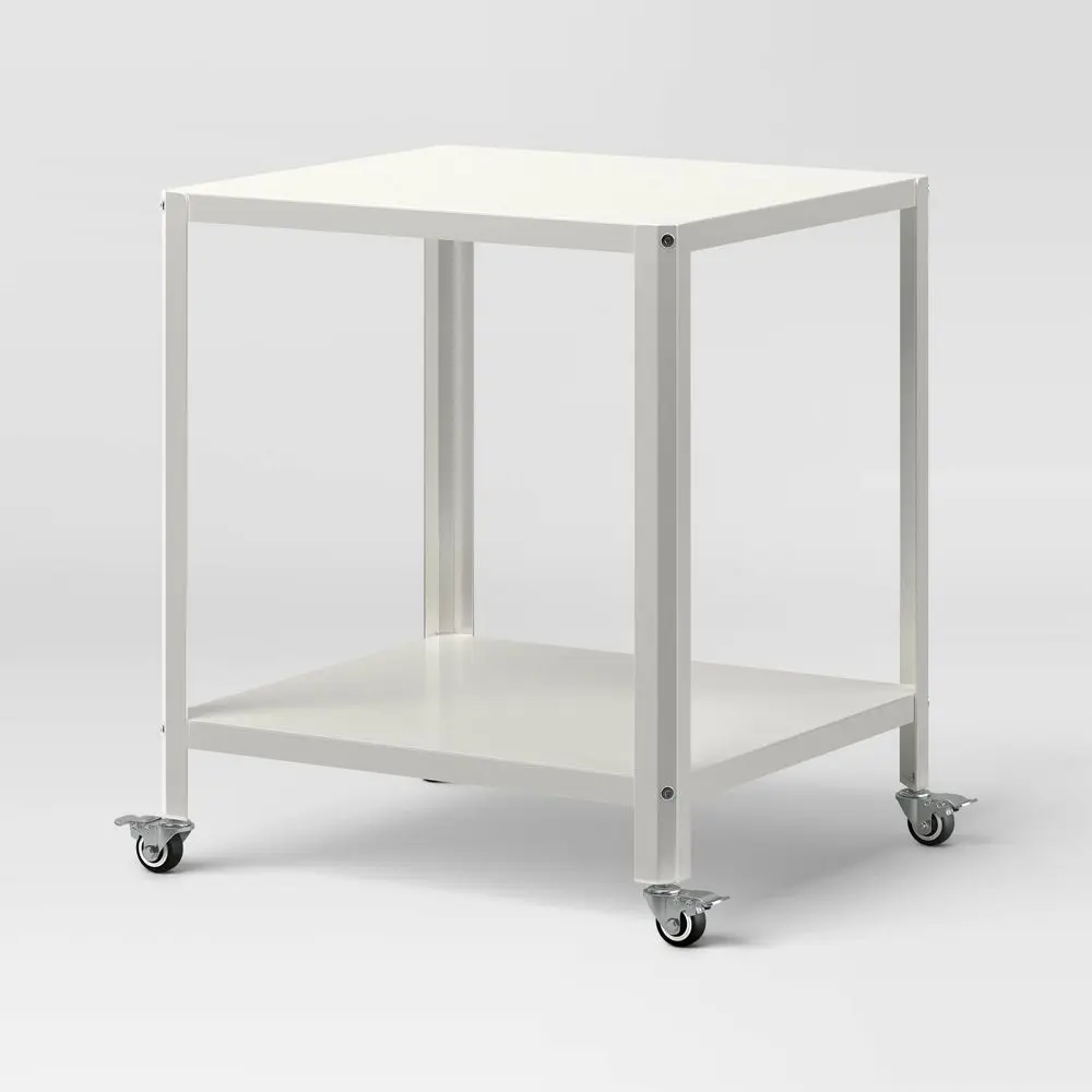 Room Essentials Metal Accent Table - Chalk White, Metal Frame, Casters with Locking Wheels, 18 Inches (w), 40lb Weight Capacity