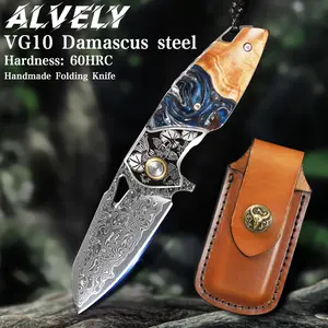 ALVELY Damascus Steel Small Folding Knife EDC Outdoor Climbing Resin Handle