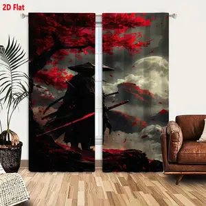 2D Flat 2-Piece Japanese Samurai Theme Curtain Set, Red Maple Leaf & Misty Moon Scenic Design, Dark Flowing Robe Samurai with Glowing Sword, Overcast Sky Mountain Landscape, Traditional Aesthetic Stoic Solitude Window Drapes for Bedroom Living Room