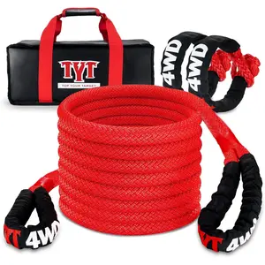 TYT Kinetic Recovery Rope,(1in x 30ft Red) 48000lbs Snatch Strap, Heavy Duty Stretch Nylon Towing Ropes with 2pcs Soft Shackles for Offroad Vehicle, Jeep, SUV, ATV, UTV, Tractor Elastic Ropes Kit