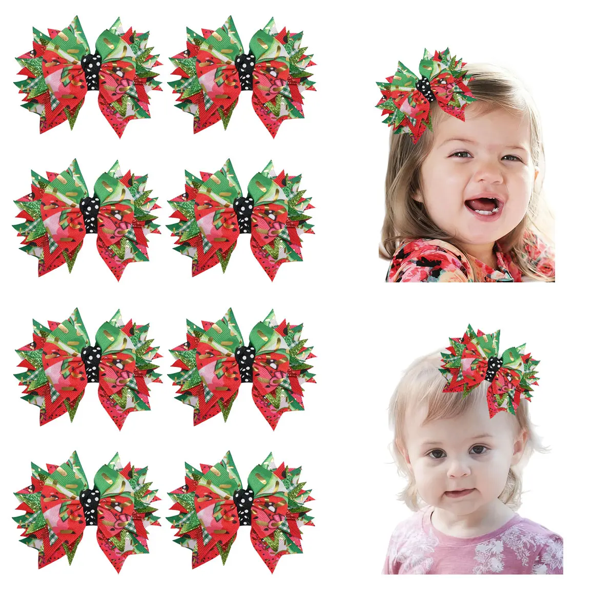 JoyBowie 8pcs Christmas Glitter Hair Bows for Girls  Red Green Spiky Bow Clips | Cute Holiday Hair Accessories for Toddlers & Kids