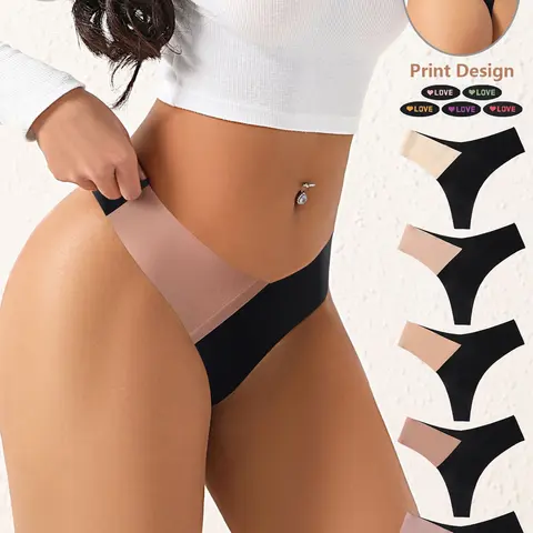 5 pieces of women's leopard print seamless crotch design V-shaped sexy triangle panties, skin-friendly, soft and comfortable, suitable for yoga, fitness, dance, and daily leisure activities, Colorblock Underwear, Fashion Panties