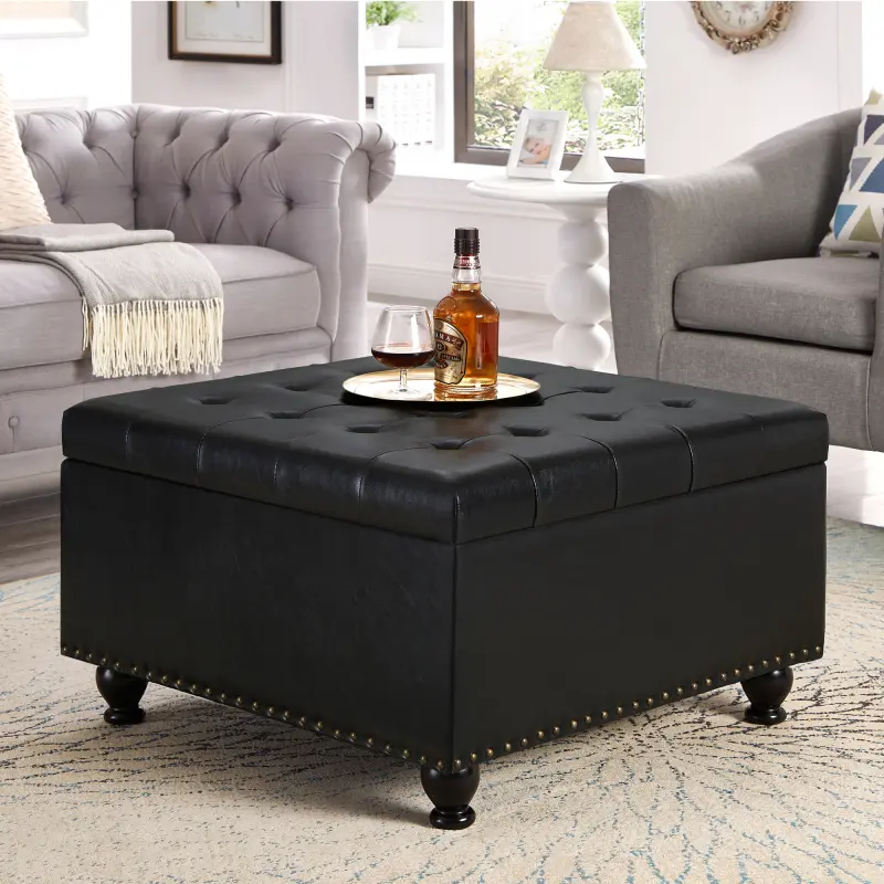 Black Large Square Multifunctional Stool - Upholstered Button-Tufted Ottoman Footstool with Wooden Legs, Nail Trims, Storage Capability & Tools for Assembly, Living Room Coffee Table Decor