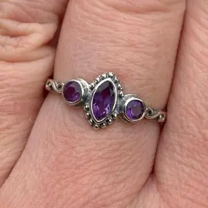 925 Sterling Silver Triple Stone Deep Purple Amethyst Ring