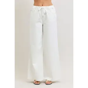 Judy Blue High Waist Featherweight Rose Gold Trim w/ Elastic Waistband Drawstring Palazzo Denim Jeans 881093, Spandex, Cotton