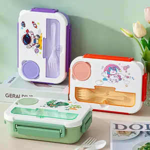 Cartoon Dinosaur Pattern Lunch Box with Cutlery, 1 Count Multi-grid Lunch Box with Lid, Food Storage Container for Home Office School, Durable Bento Box