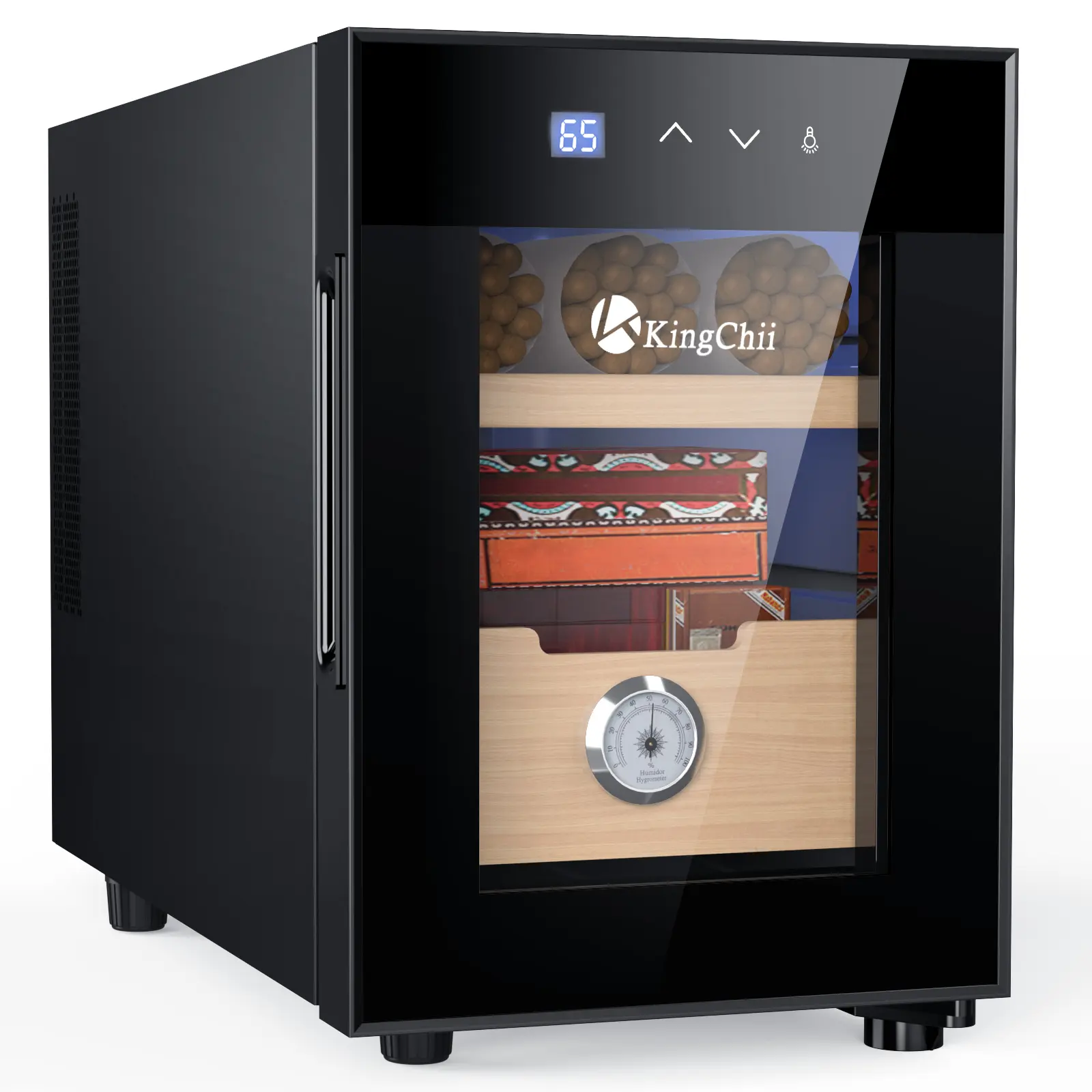 KingChii 16L Modern Premium Tempered Glass Humidifier Cabinet - Cabinet Safe, Temp Control, Cedar Wood Shelves, Built-in Hygrometer, 2-Layer Storage (500 Capacity, 20x9.8x14.1in, Gift-Ready for Father's Day, Living Room, Study, Wine Cellar)
