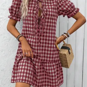 Women's Casual Plaid Front Tie Ruffle Hem Mini Dress Summer
