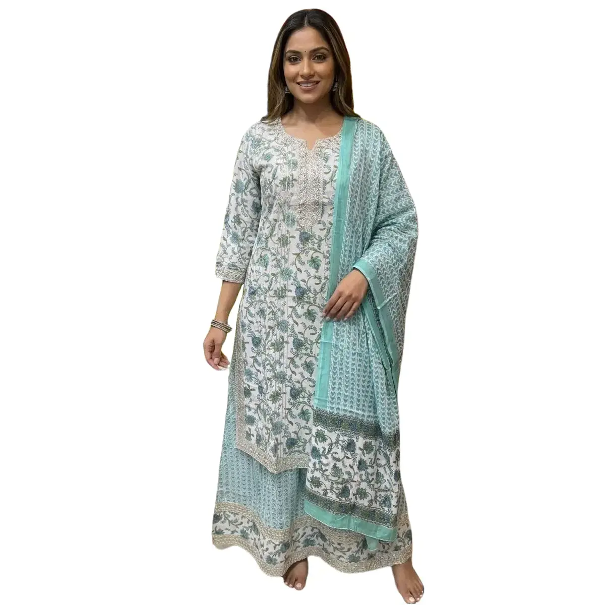 3PS-29 Mint Floral Kurta Set with Dupatta