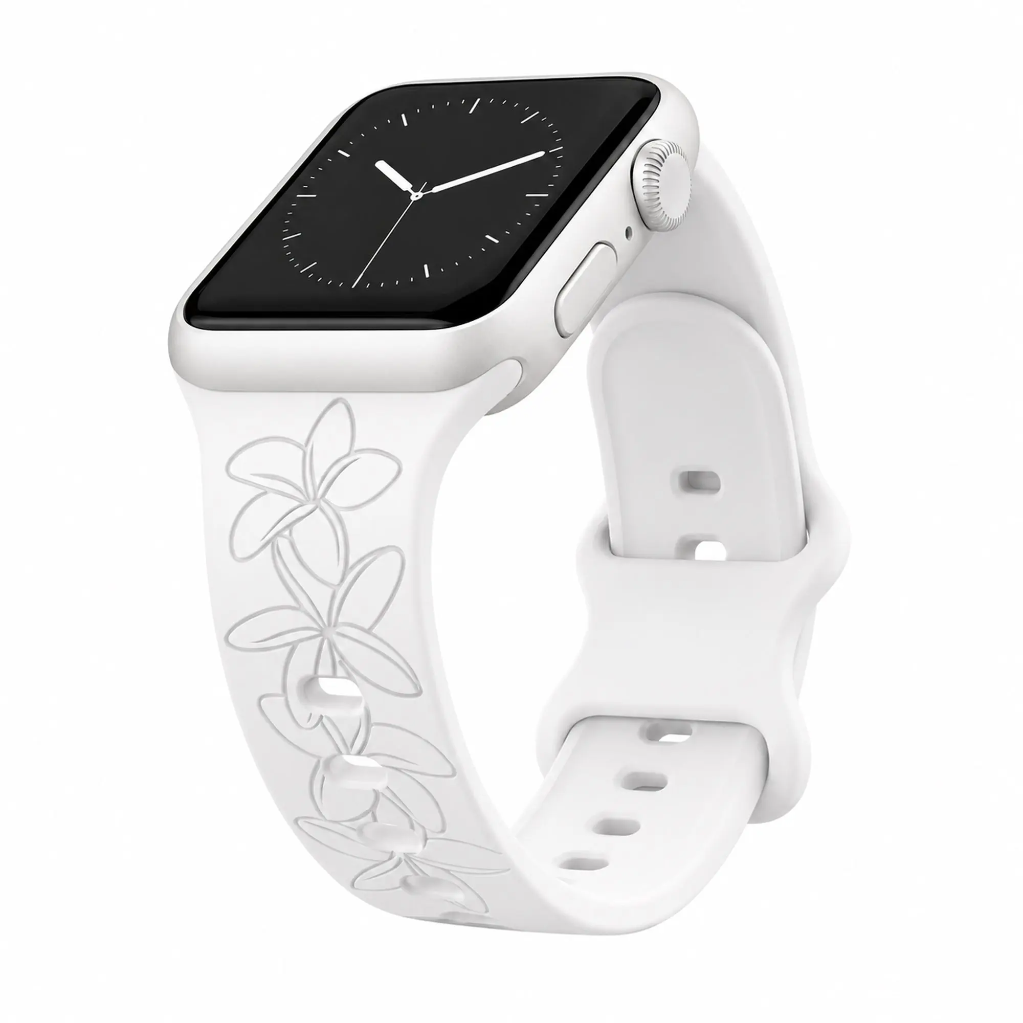 White Plumeria Silicone Watchband Compatible with Apple Watch - 49/46/45/44mm (42mm Series 1-3)