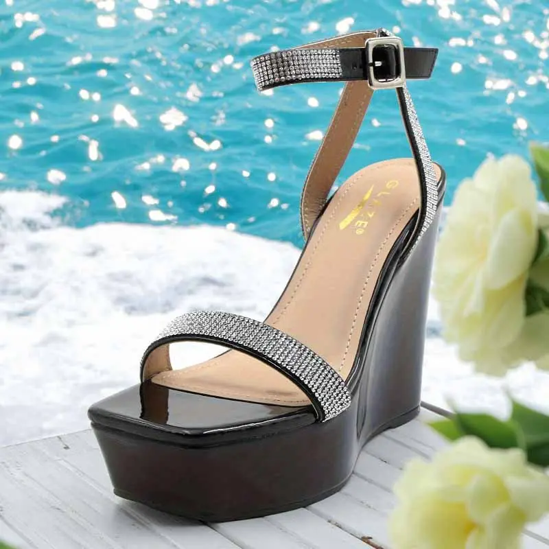 Women's Classy Rhinestone Platform Wedge Heel Sandals - Sparkly Square Toe High Heels, Adjustable Buckle Strap Fashion Apparel for Wedding, Party, Stylish, Elegant, Footwear, 5 In, Pu Upper, Slip Resistant, Heels For Women